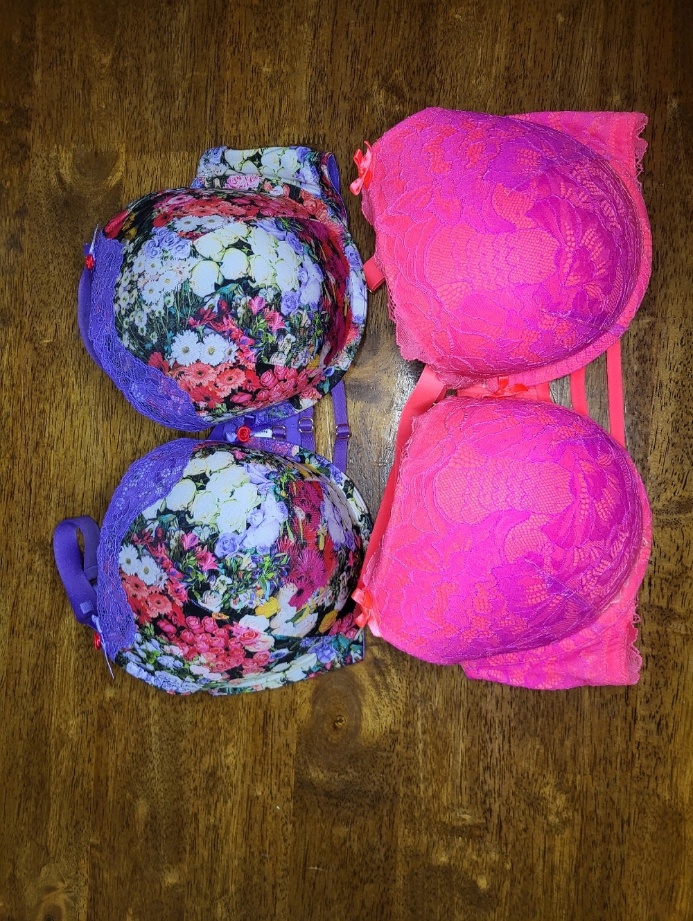 Cacique Floral Print & Hot Pink Lace Bras